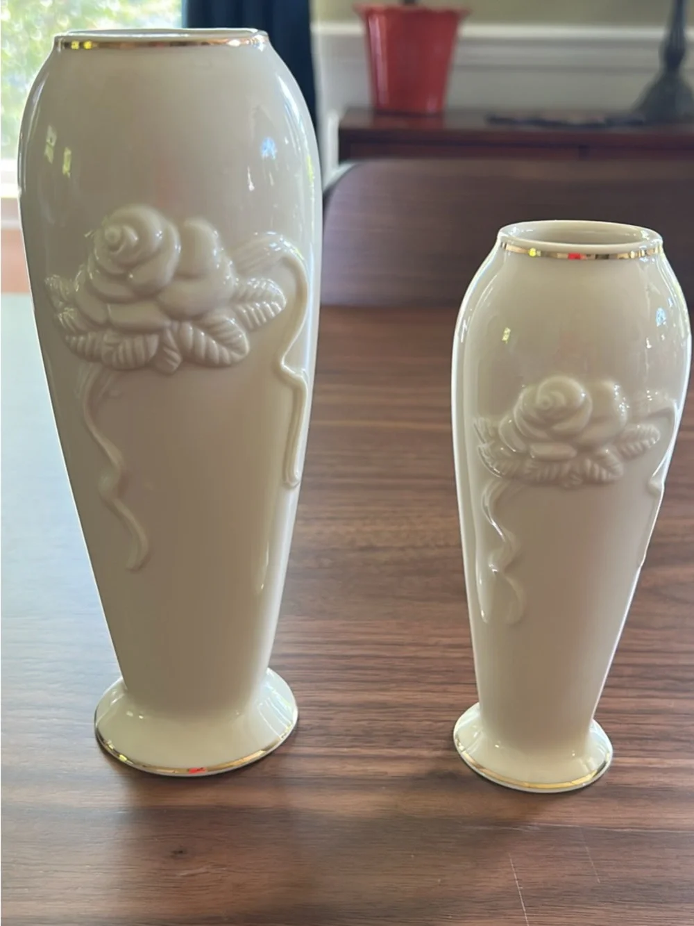 Lenox Cream Ceramic Rose Relief Vases with Gold Trim - Pair